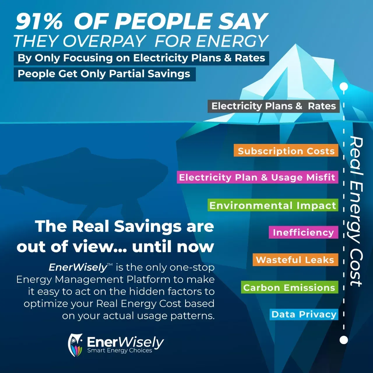 Illustration, iceberg showing hidden energy costs. EnerWisely is the smart sustainable energy savings app. Take the free online energy audit. Get cheap electricity. Save energy, save money, help the planet. 