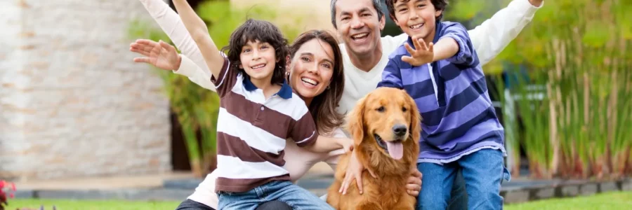 Picture, happy family with pet. Good Charlie Energy a Texas electricity provider for dog lovers. Compare plans with EnerWisely and find the best deal.